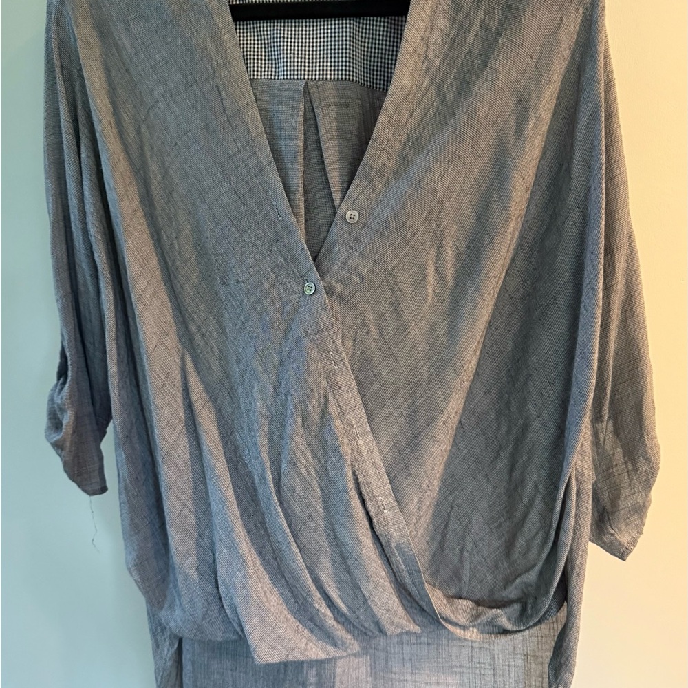 Gray Wrap Blouse with 3/4 Sleeves and Relaxed Fit